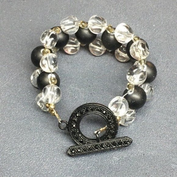 Black Toggle Closure Bracelet As Is Clear Gold Seed Bead Retro BoHo - Picture 2 of 8